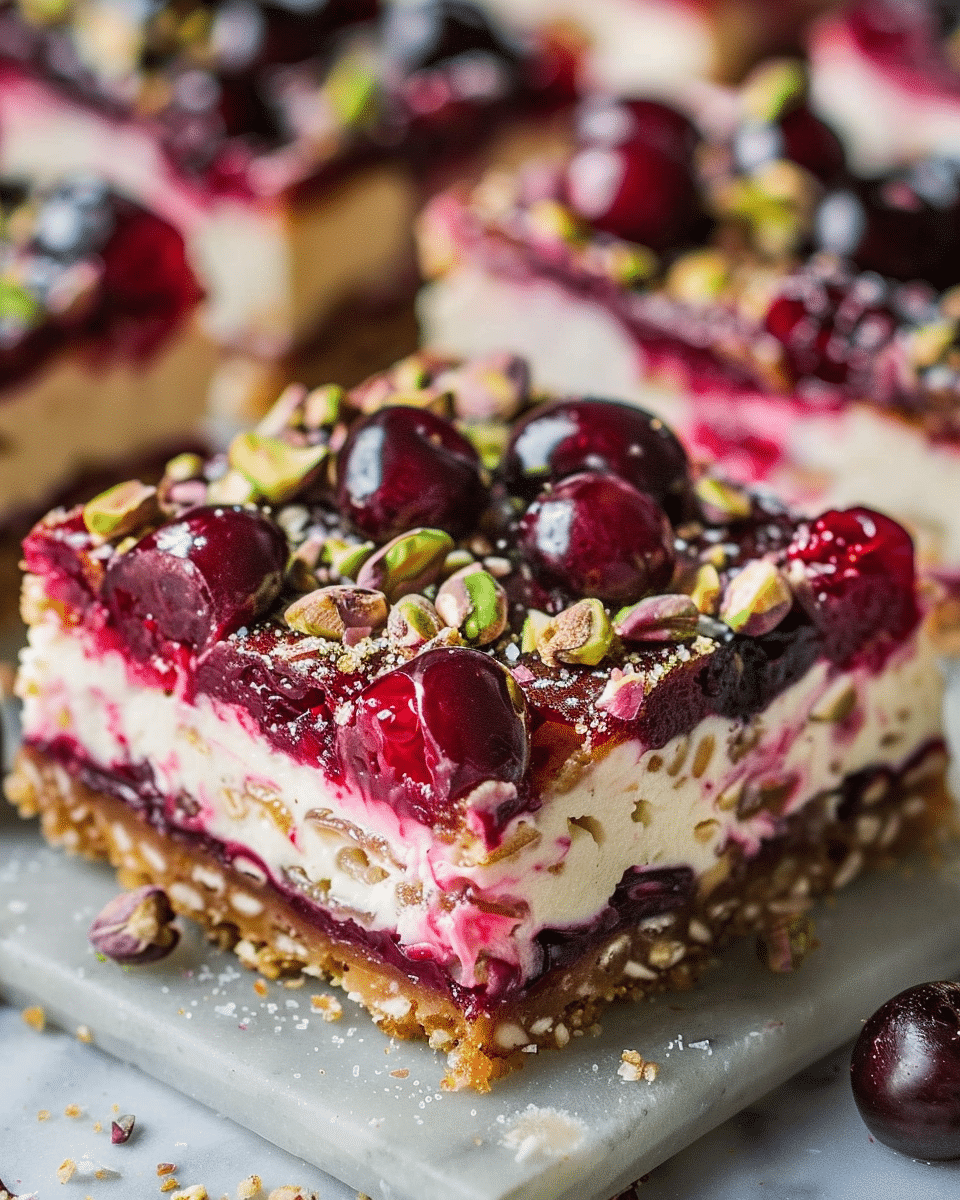 Heavenly Cherry Pistachio Cheesecake Bars