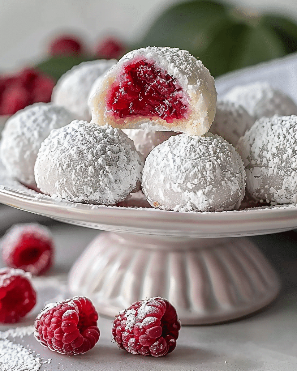 Raspberry Filled Almond Snowball Cookies