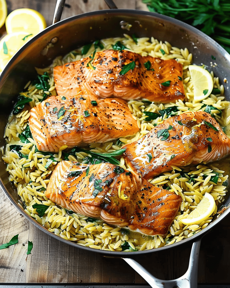 One Skillet Salmon with Lemon Orzo