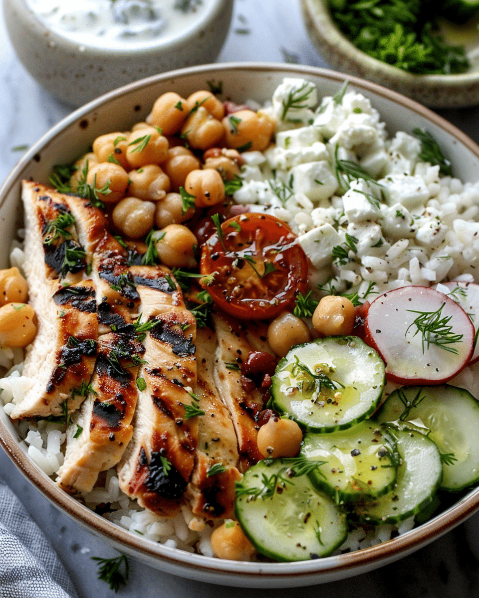 Greek Chicken Bowl with Tzatziki, Chickpeas, and Feta