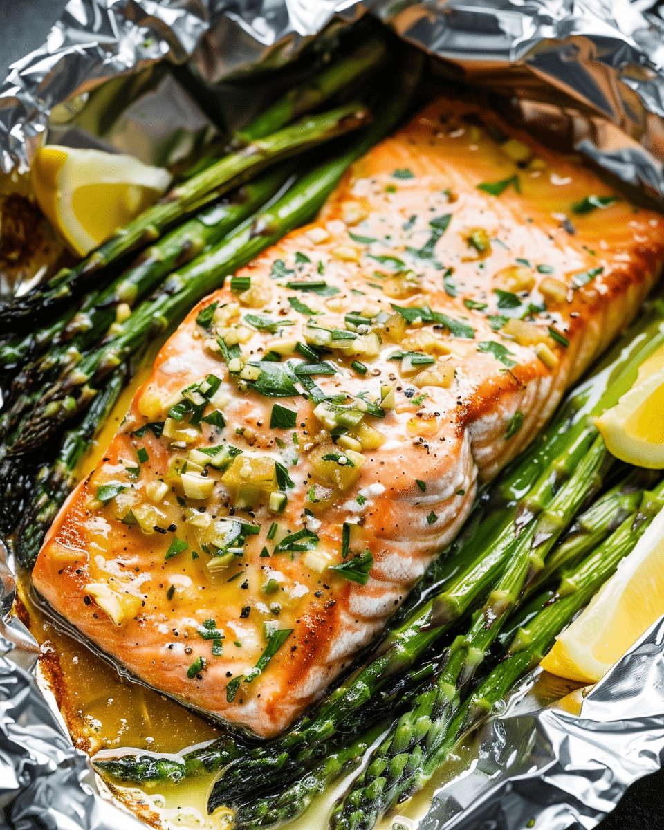 Baked Salmon in Foil with Asparagus & Lemon Garlic Butter Sauce – So Easy, So Flavorful!