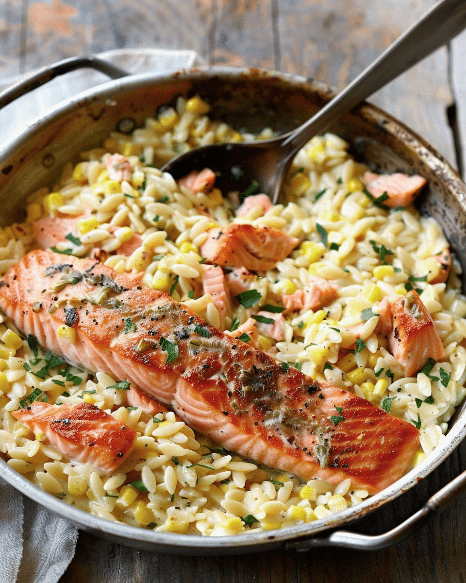 Creamed Corn Orzo with Salmon