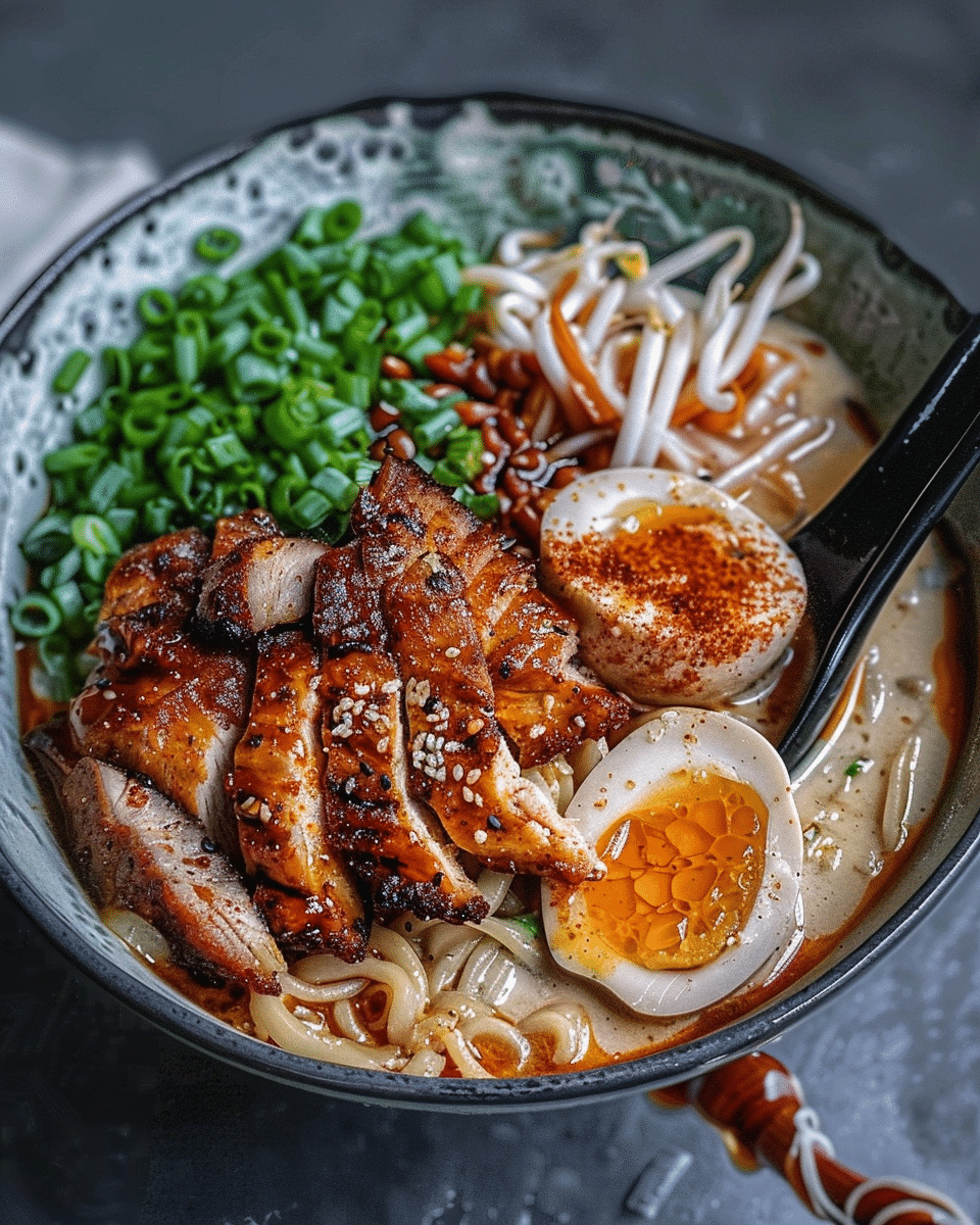 Fiery Chicken Ramen with Creamy Garlic Sauce