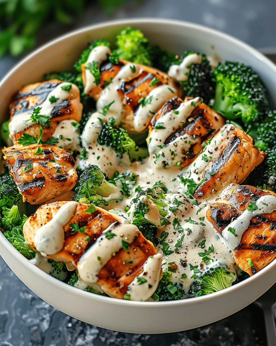 Grilled Chicken & Broccoli Bowls with Creamy Garlic Sauce