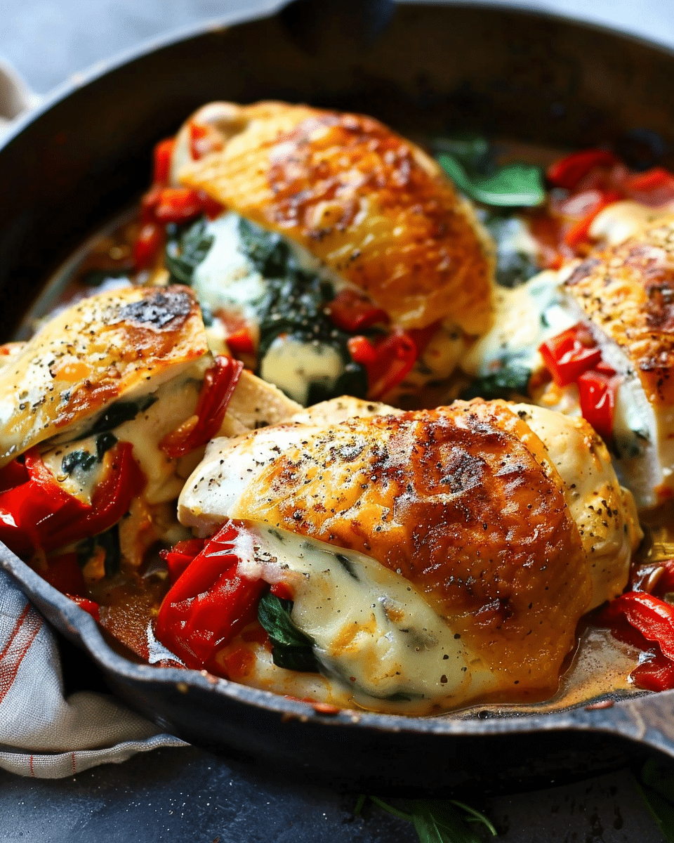 Roasted Red Pepper, Spinach, and Mozzarella Stuffed Chicken