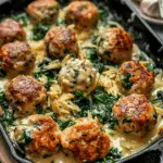 Easy Baked Chicken Ricotta Meatballs with Spinach Alfredo Sauce