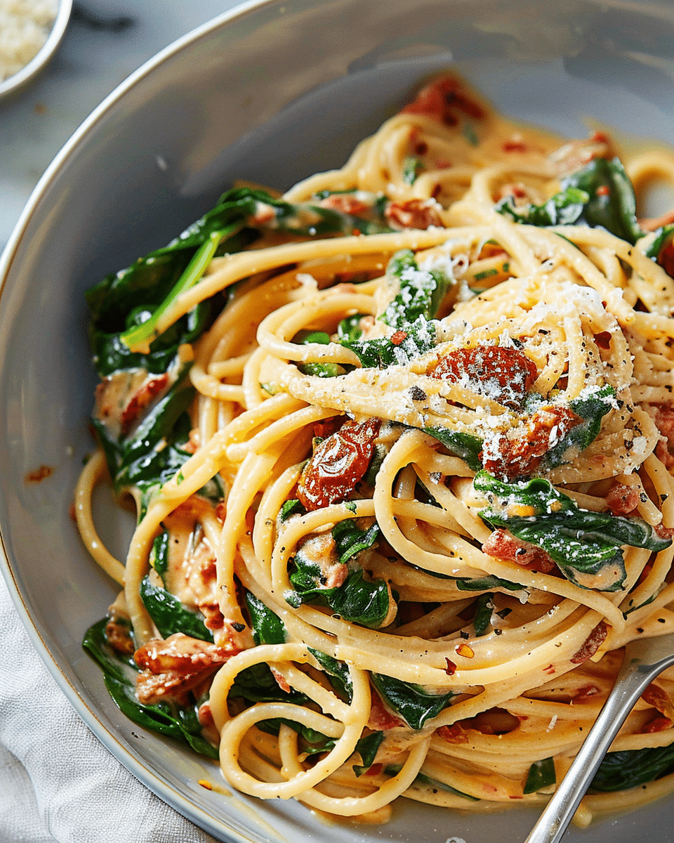 Spaghetti & Spinach with Sun-Dried Tomato Cream Sauce