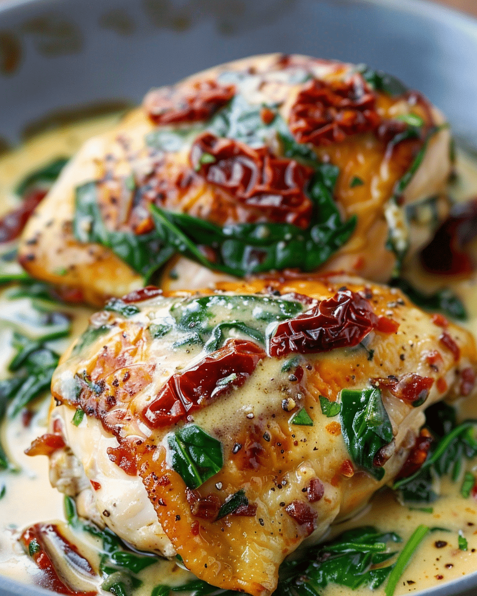 Smothered Baked Chicken with Creamed Spinach and Sun-Dried Tomatoes