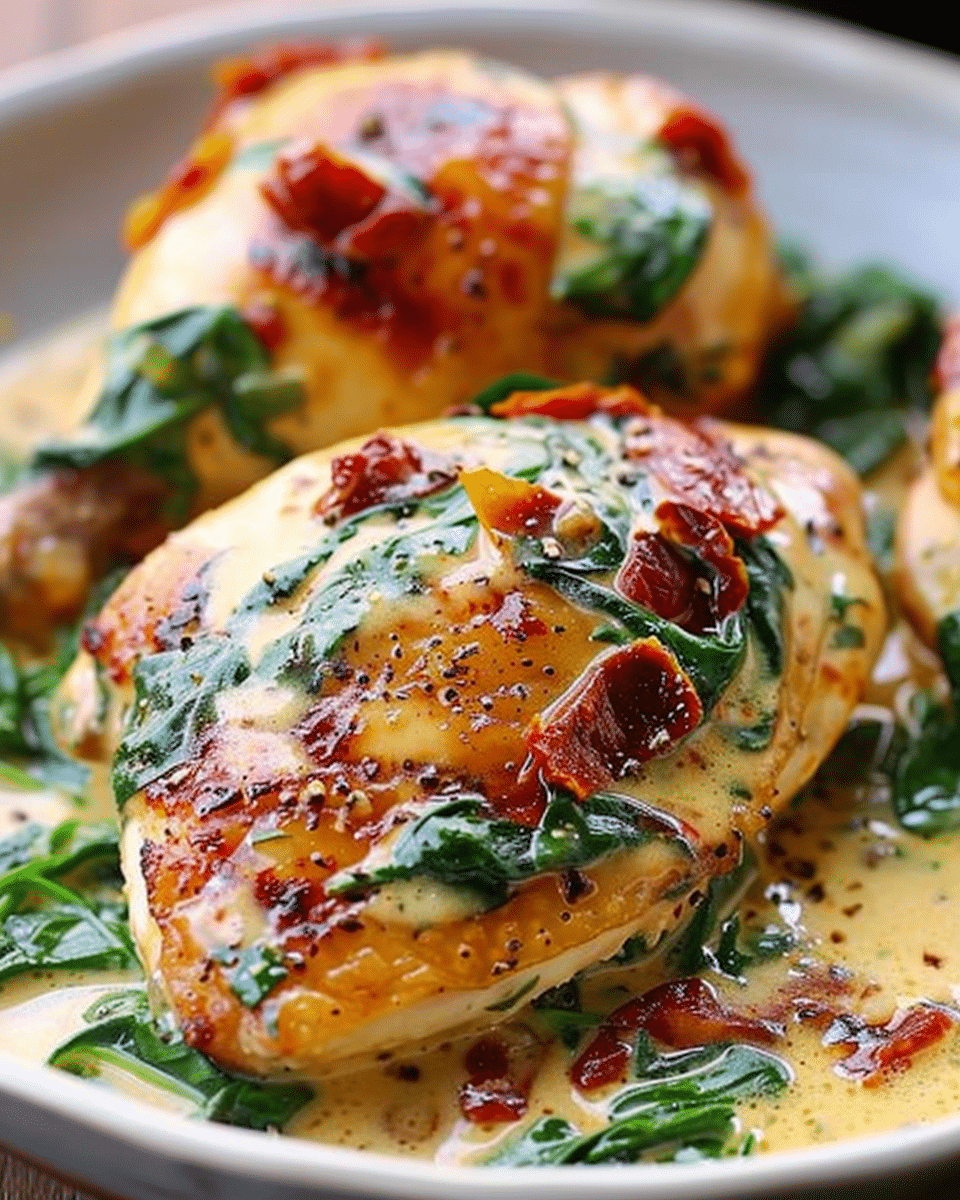Smothered Baked Chicken with Creamed Spinach and Sun-Dried Tomatoes