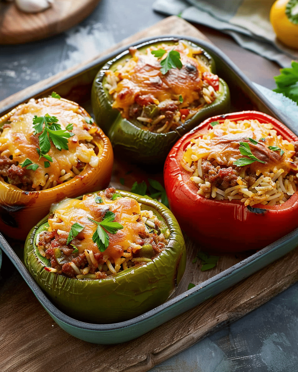 Stuffed Green Peppers with Ground Beef and Rice