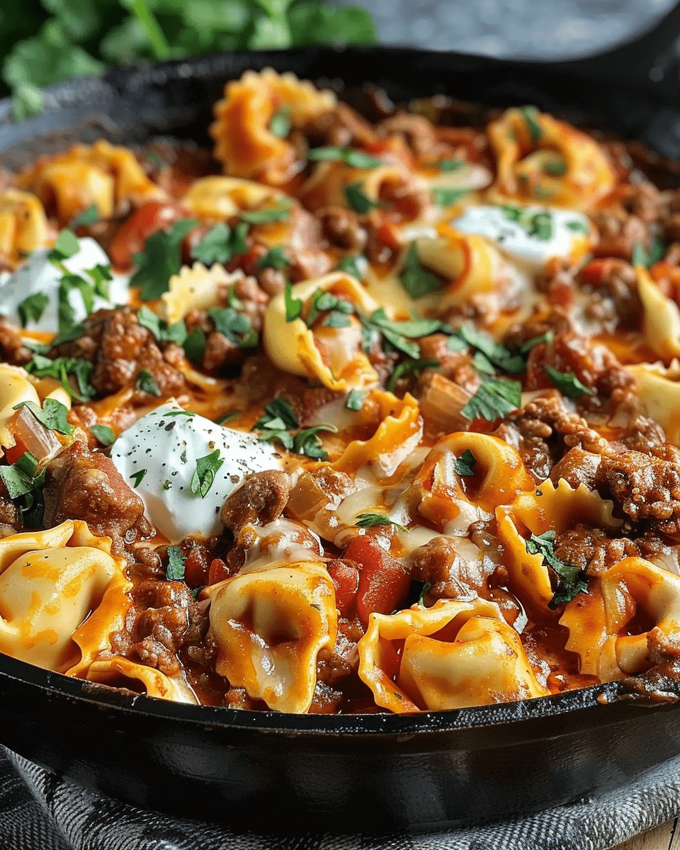 Cheesy Enchilada Beef Tortellini Skillet