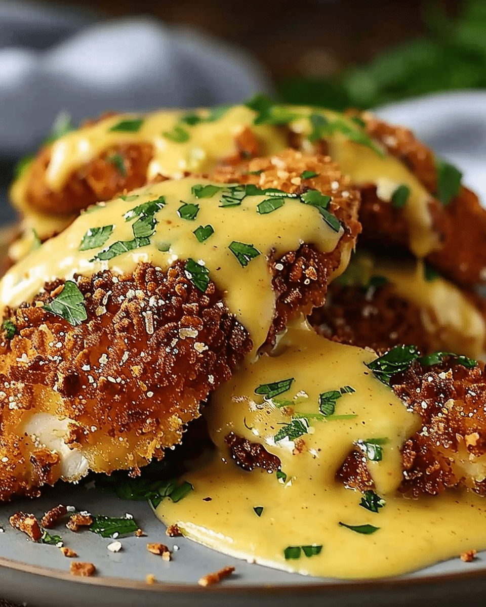 Pretzel‑Crusted Chicken with Creamy Mustard Cheddar Sauce