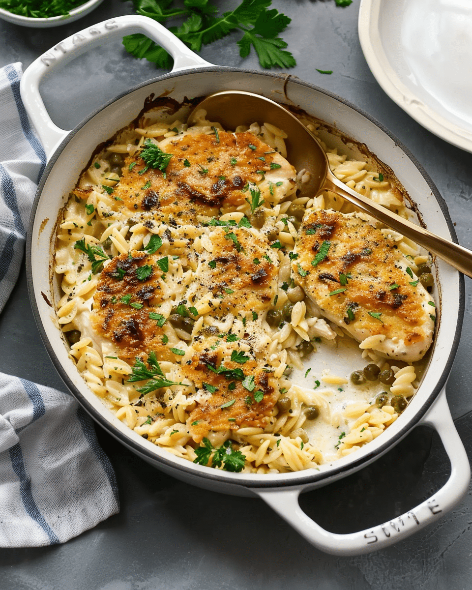Easy Chicken Piccata Orzo Casserole