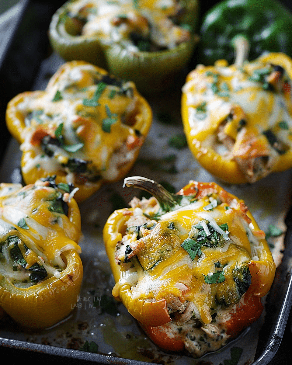 Cheesy Spinach and Chicken Stuffed Bell Peppers