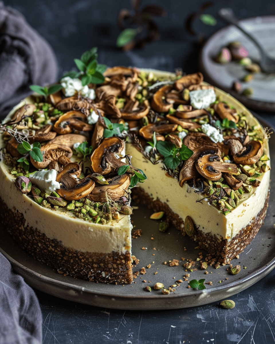 Pistachio and Mushroom Cheesecake with Feta & Parmesan Crust