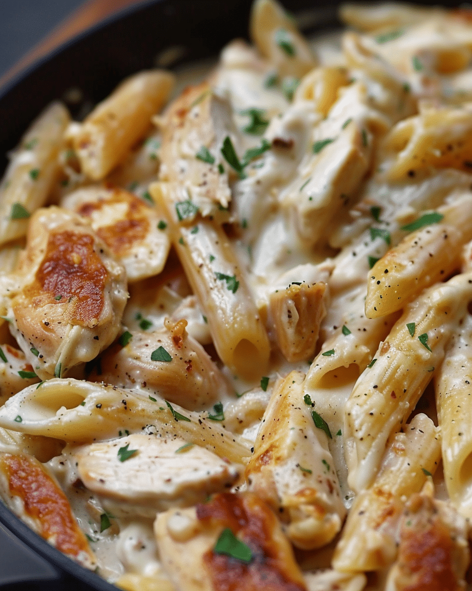 Garlic Butter Chicken Penne in Creamy Gouda Parmesan Cream