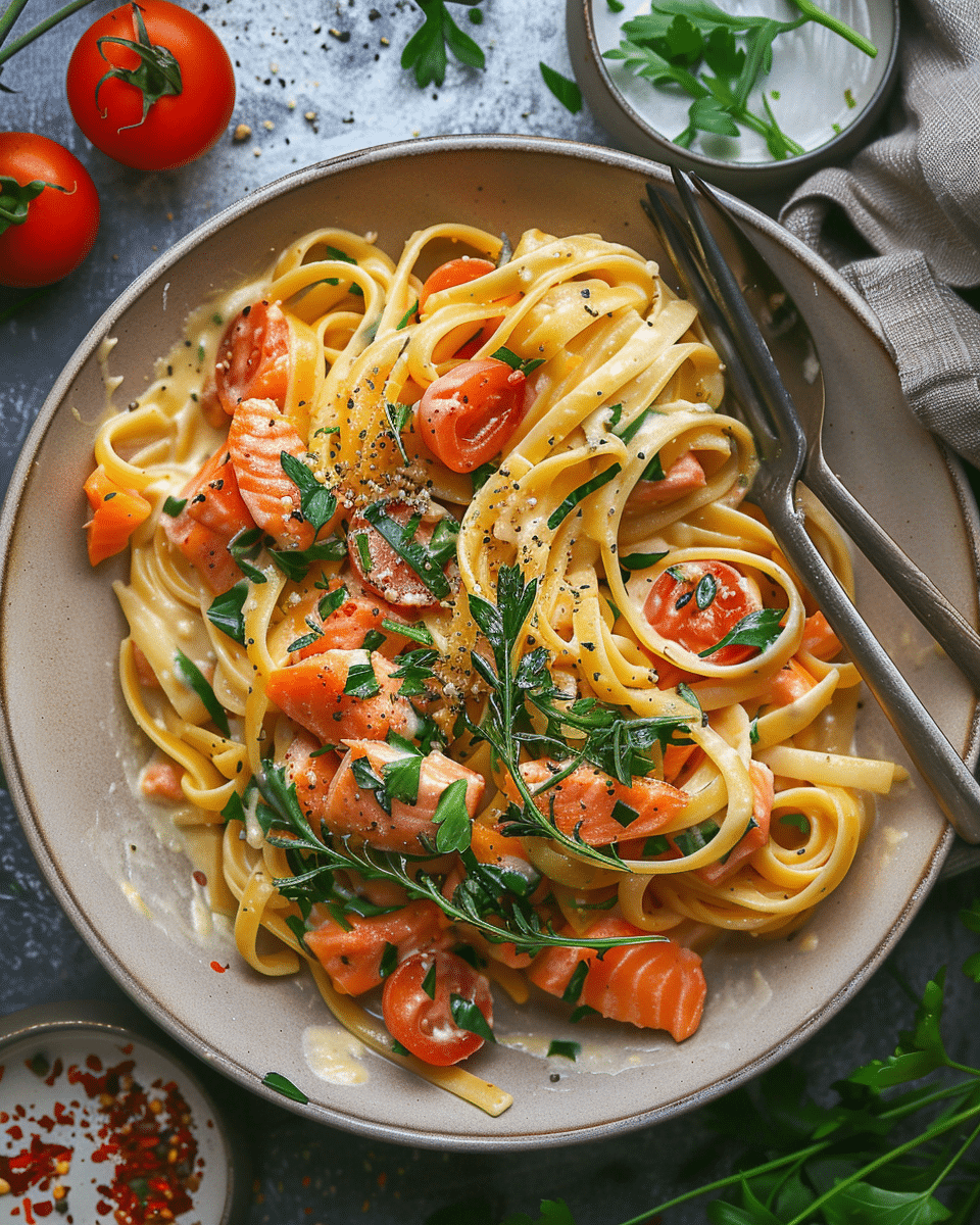 Healthy & Creamy Tuscan Salmon Pasta