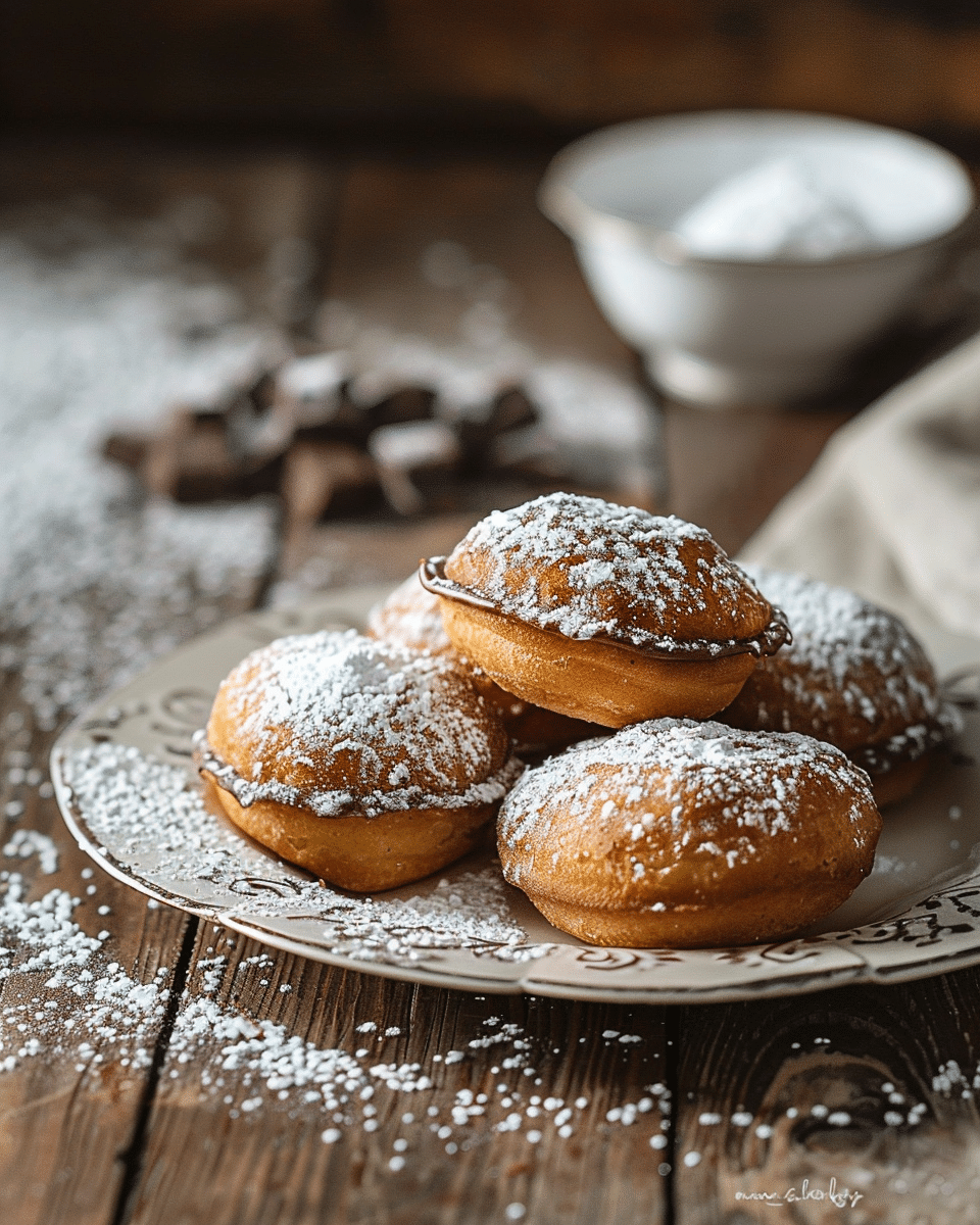 Hazelnut Cream Beignets: Soft, Fluffy Pastries Filled with Rich Hazelnut and Chocolate Cream