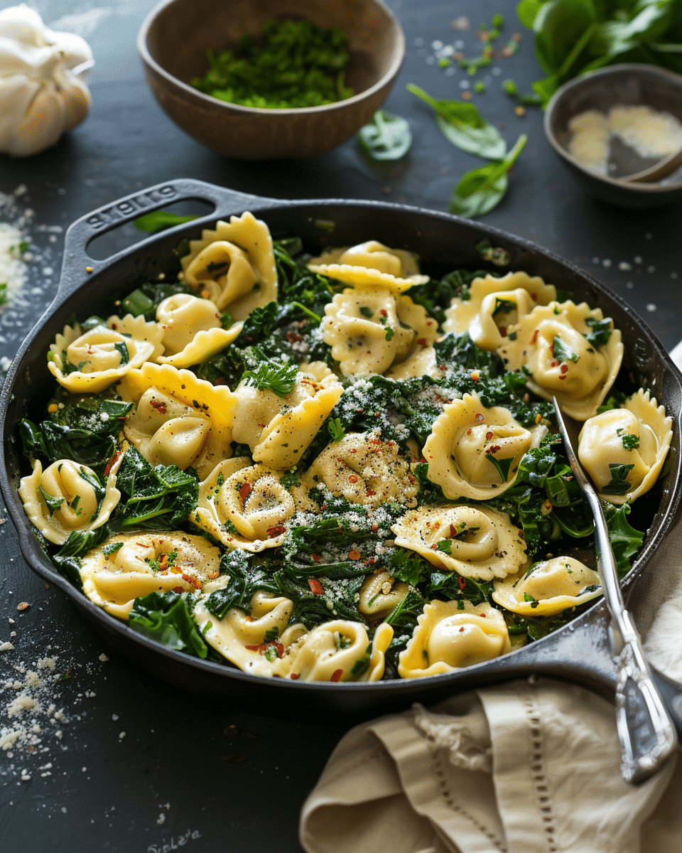 Skillet Cacio e Pepe Tortellini With Wilted Greens