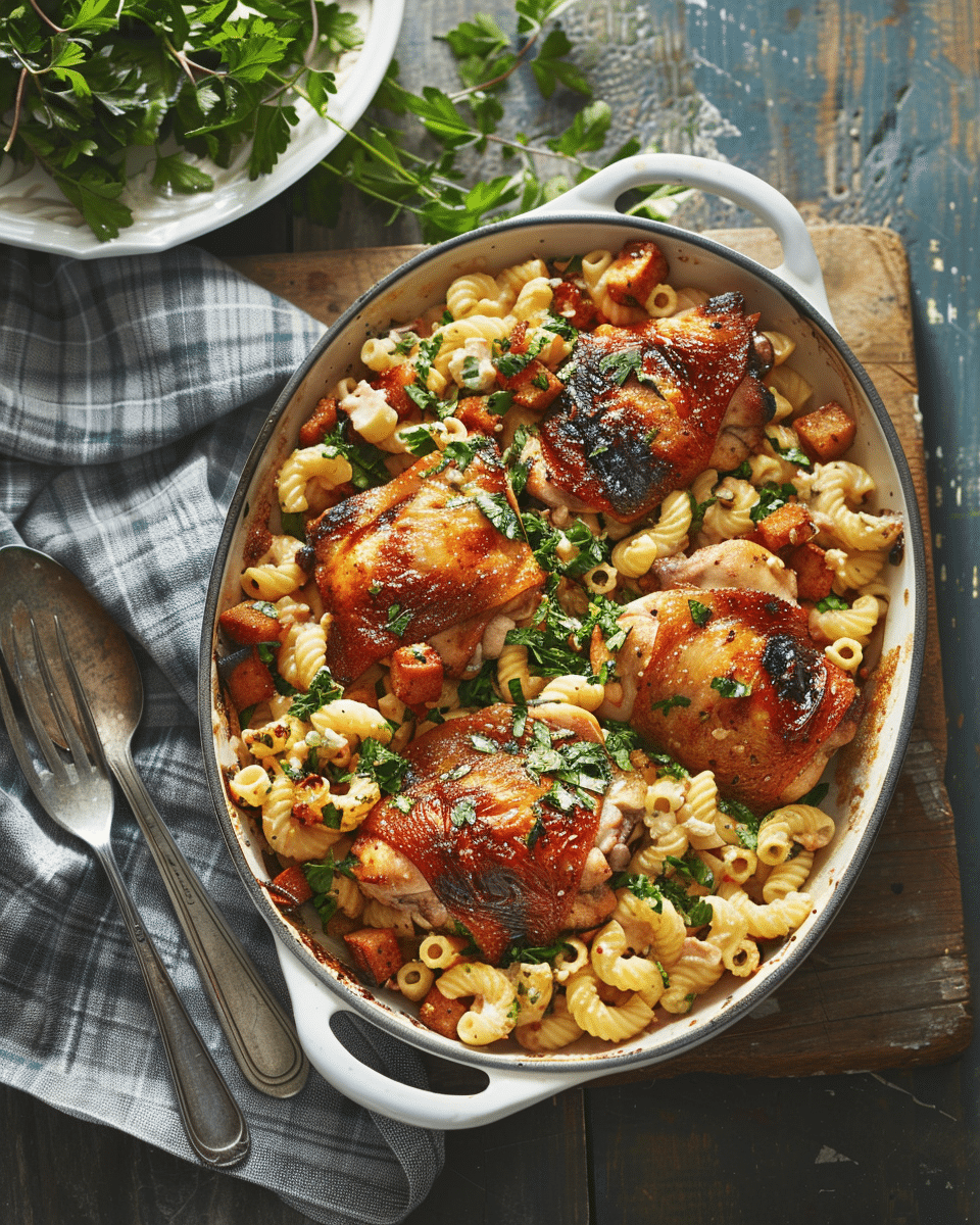 Baked Chicken Thighs and Macaroni Salad