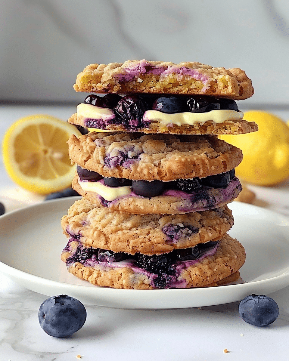 Thick & Soft Lemon Blueberry Cheesecake Cookies with Creamy Filling and Bursting Berries