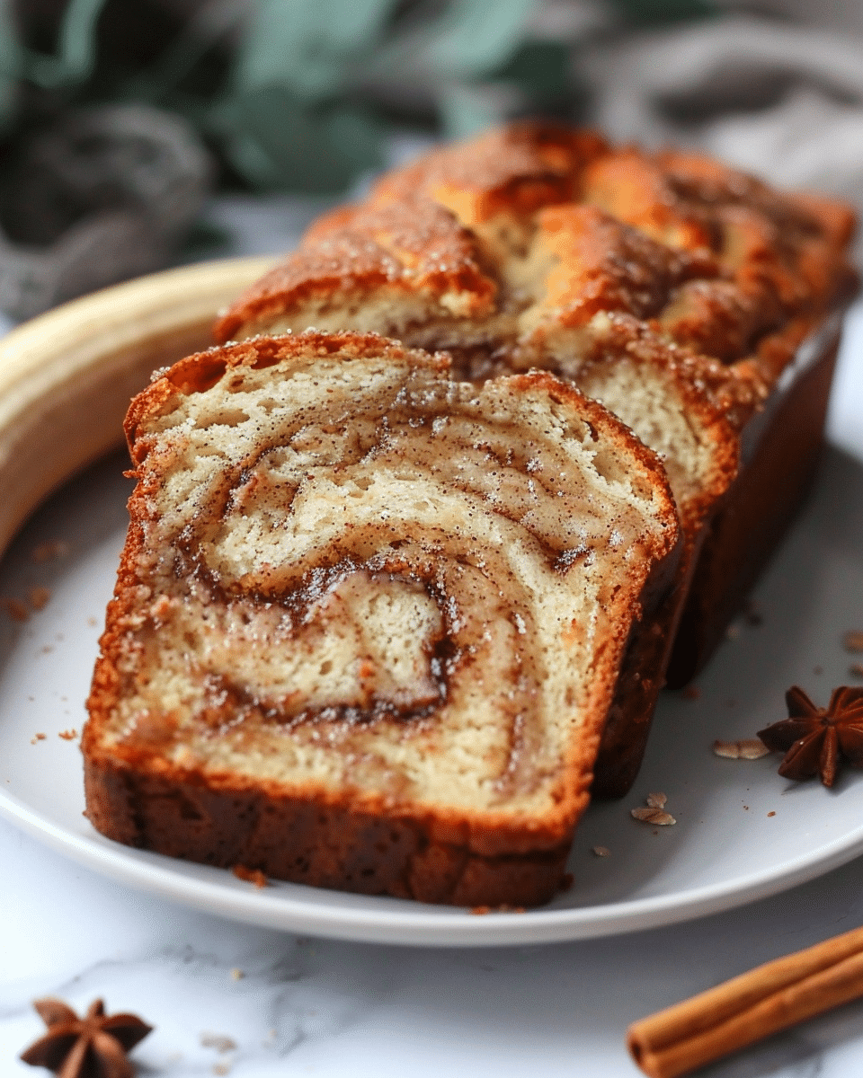 Soft & Moist Greek Yogurt Banana Bread with Cinnamon Swirl Slices