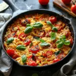 One Pan Tomato Basil Baked Orzo