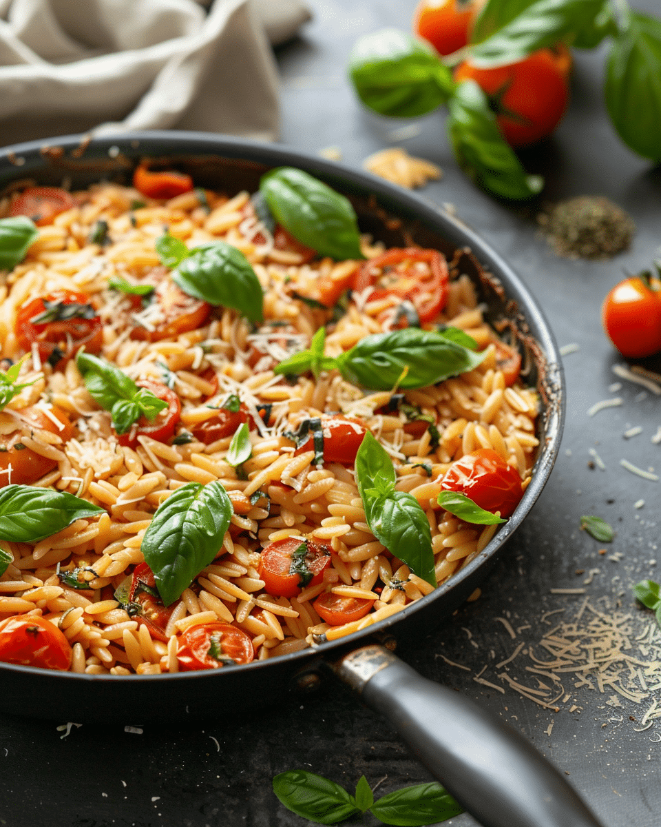 One Pan Tomato Basil Baked Orzo