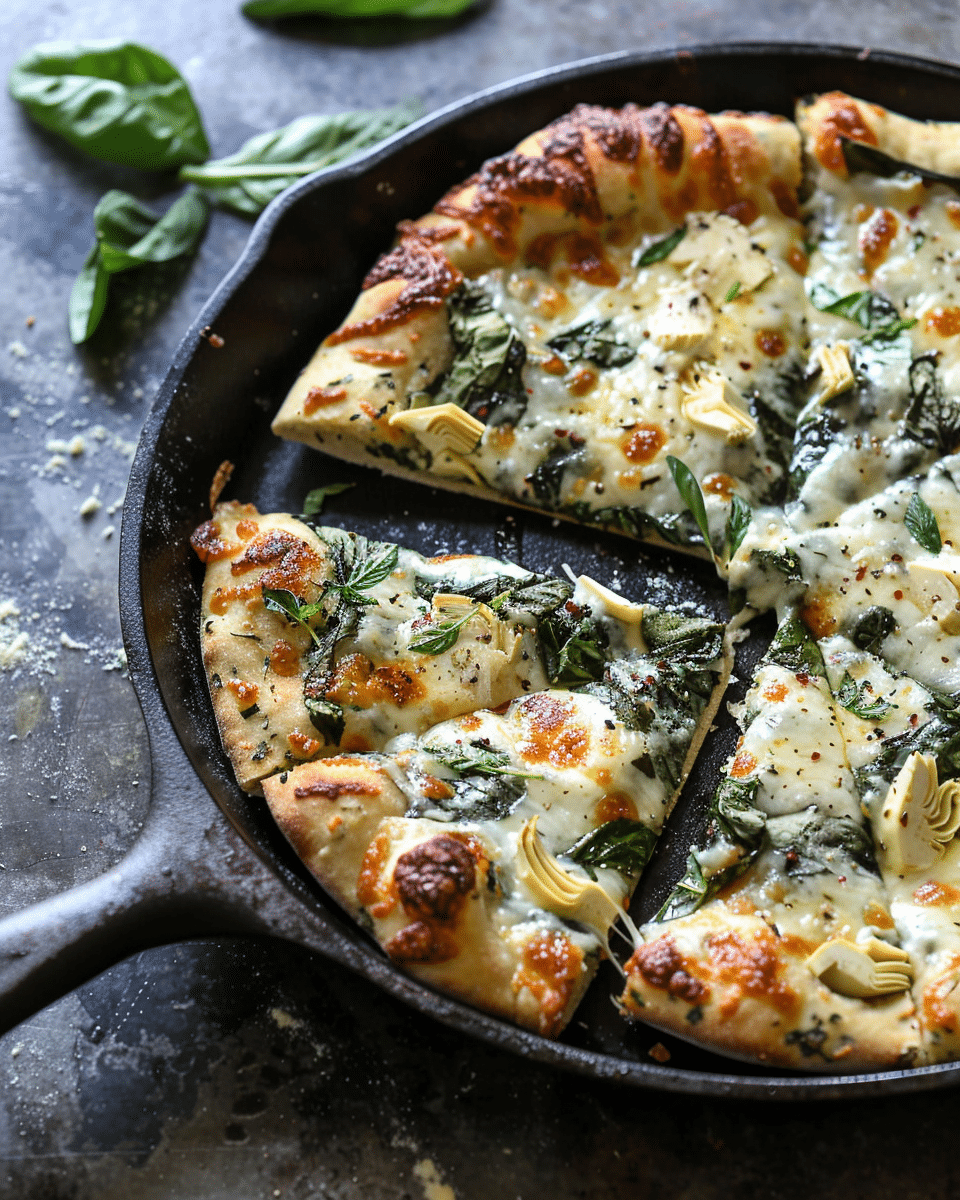 Deep Dish Cast Iron Skillet Spinach Artichoke Pizza