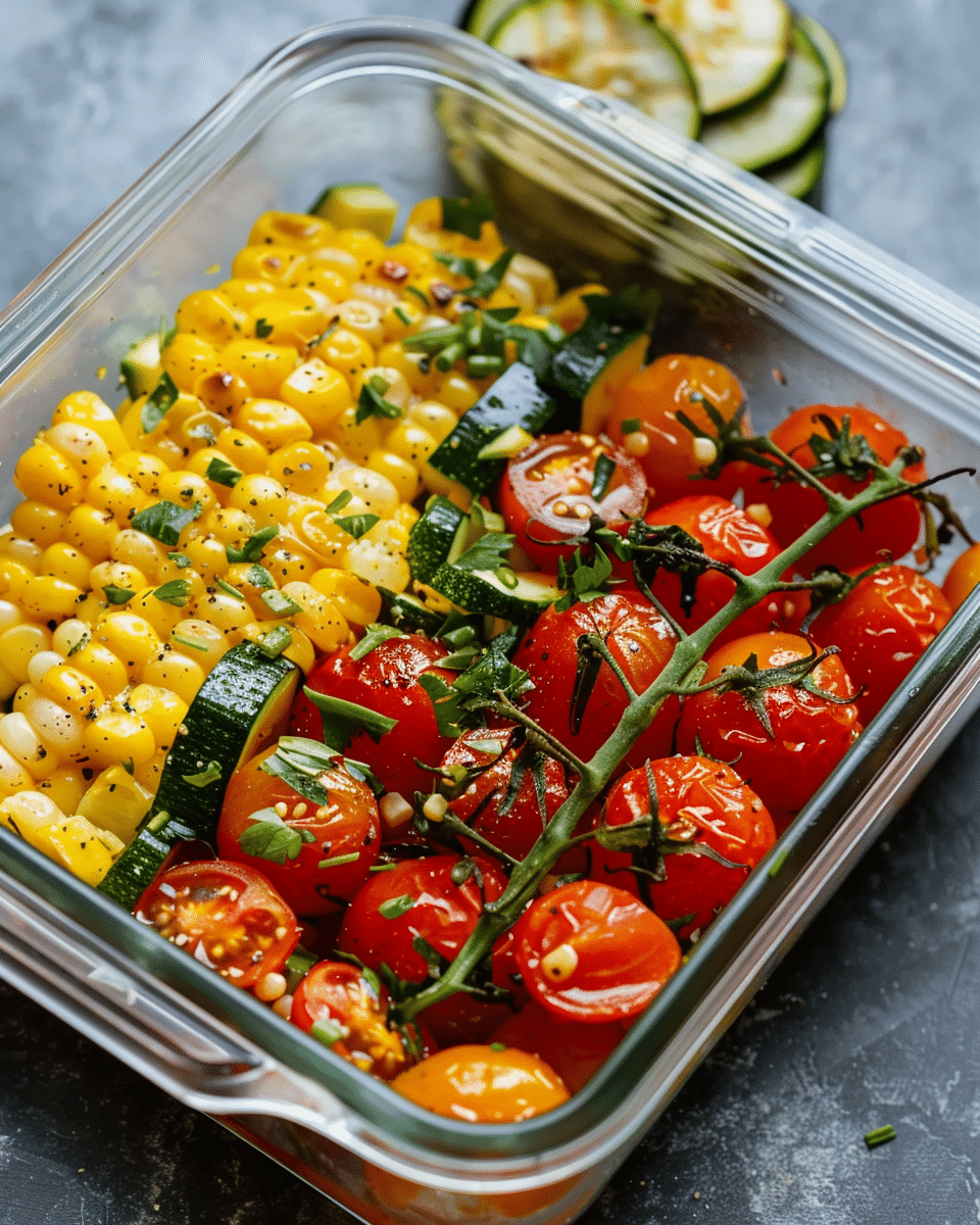 Meal Prep Roasted Tomatoes, Corn, and Zucchini