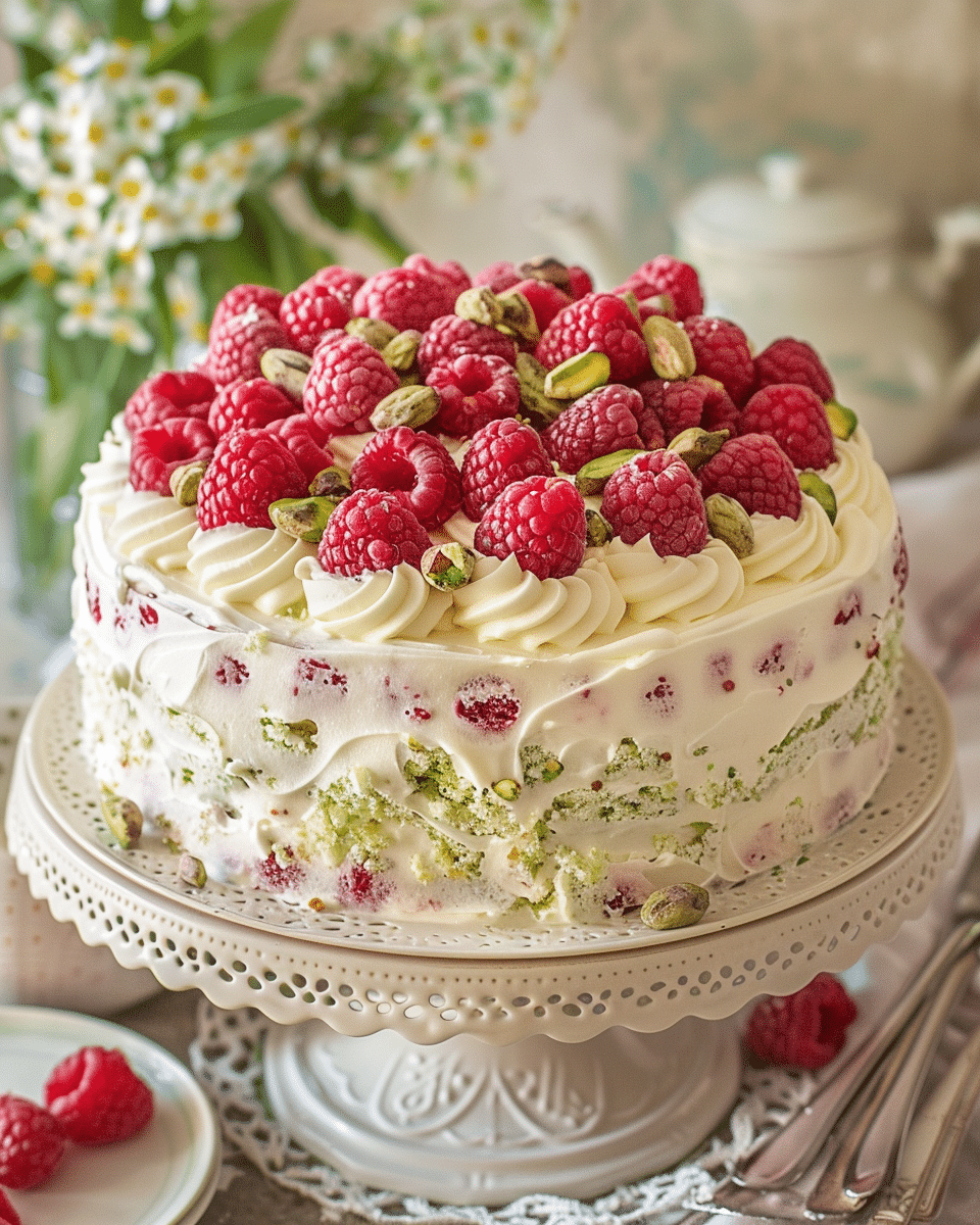 Raspberry Pistachio Layer Cake with Chantilly Cream