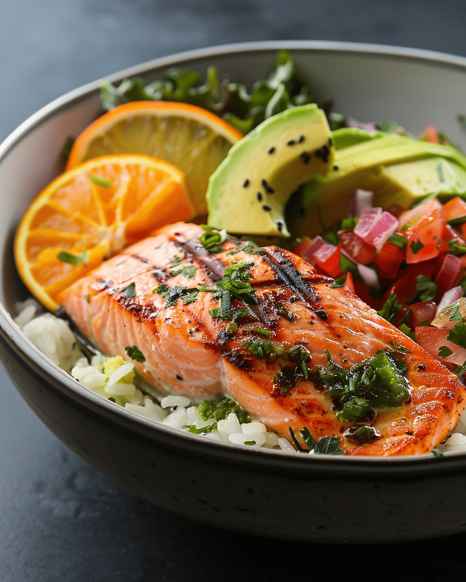 Air Fryer Salmon Bowls with Avocado Orange Salsa
