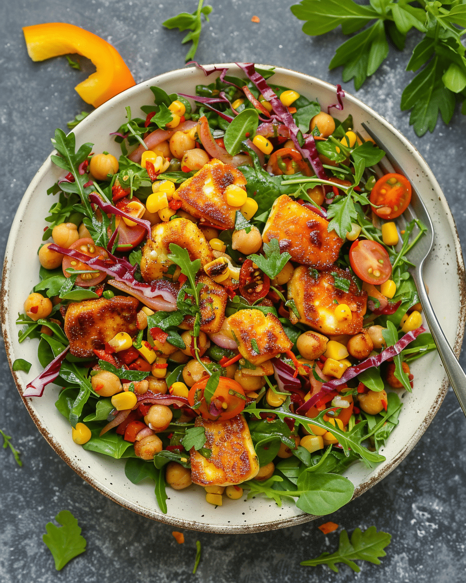 Sticky Halloumi, Chickpea and Sweetcorn Salad
