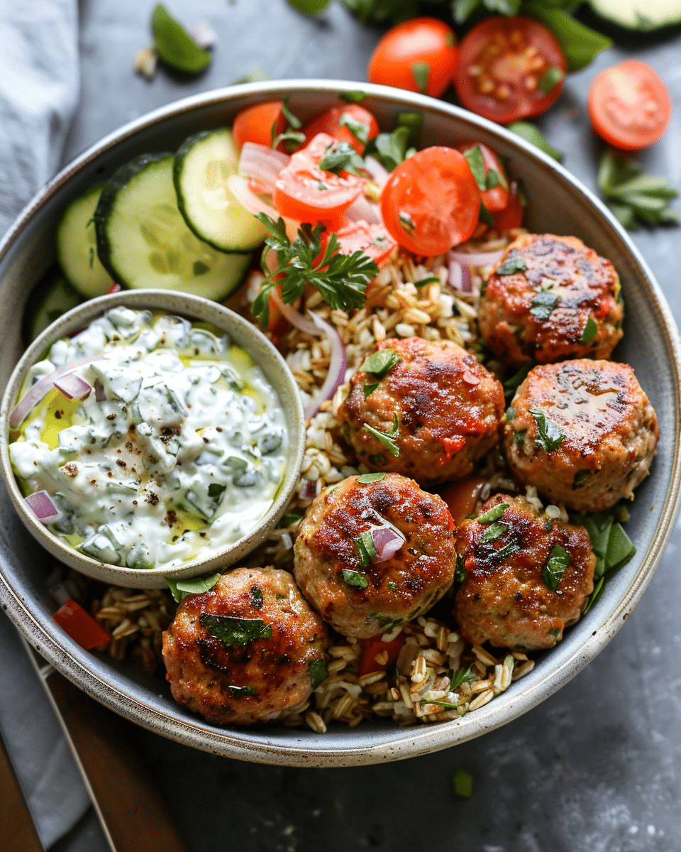 Greek-Style Turkey Meatball Grain Bowl with Spelt and Tzatziki