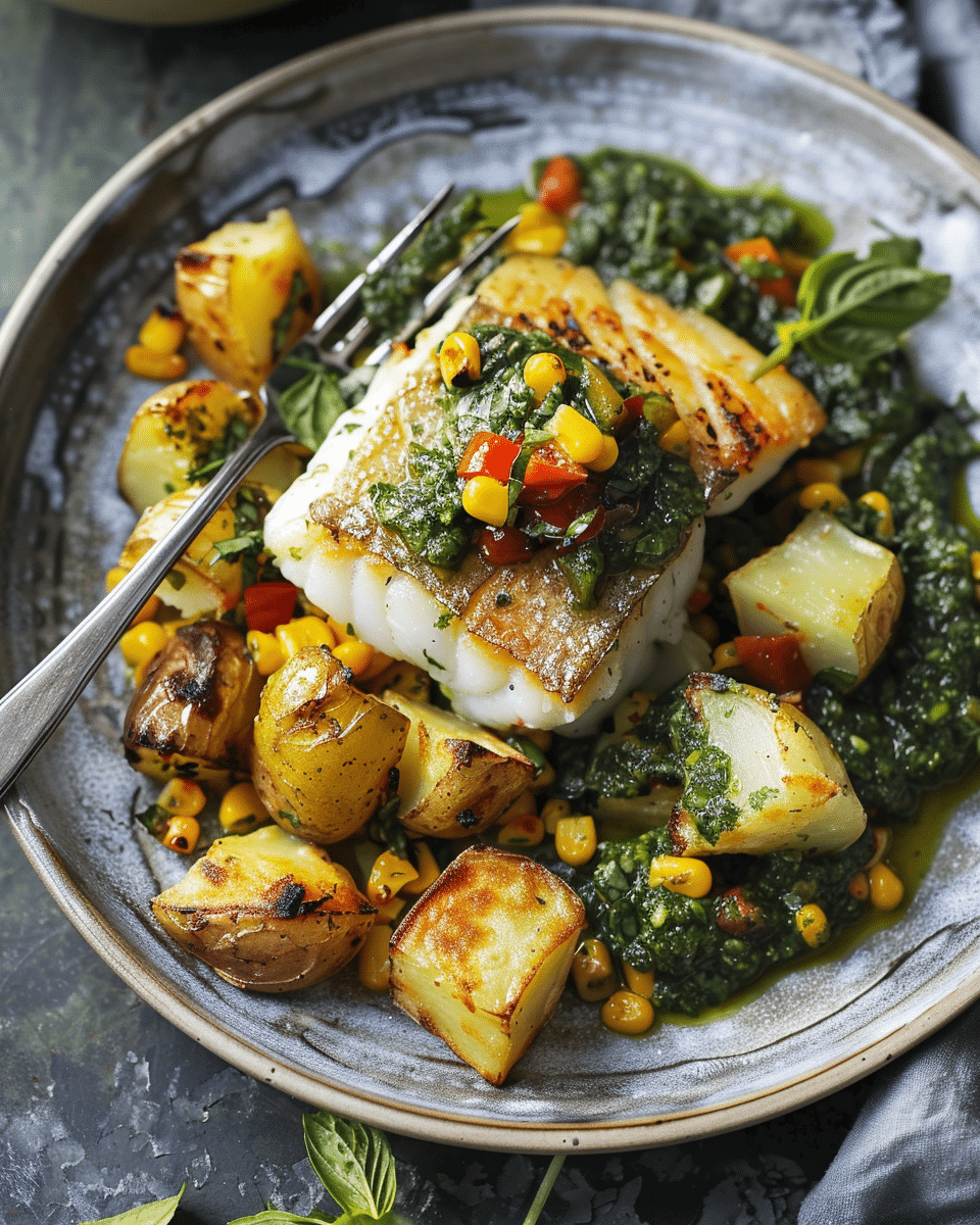 Pesto Cod with Crispy Potatoes and Charred Sweetcorn Salsa