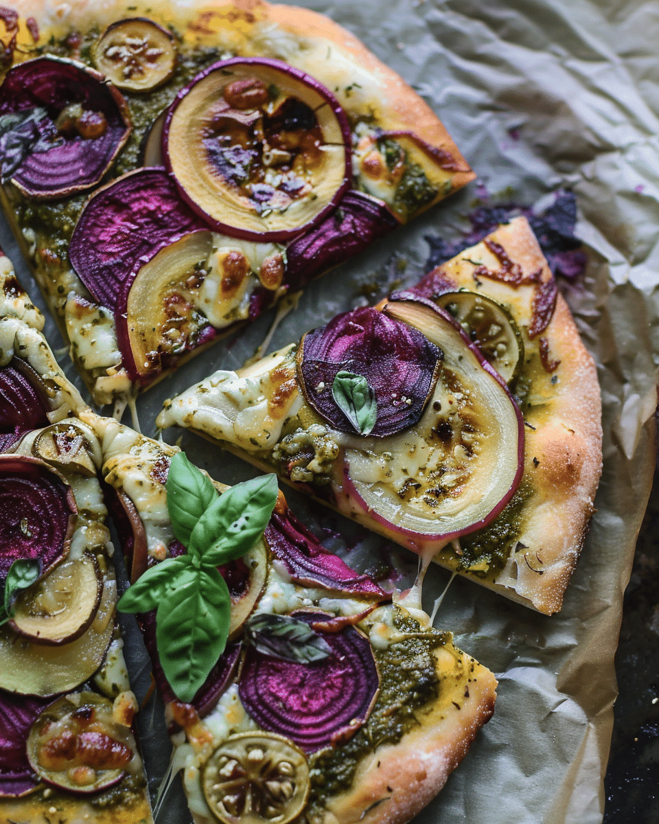 Beet Pesto Pizza with Caramelized Onion, Fennel, and Zucchini