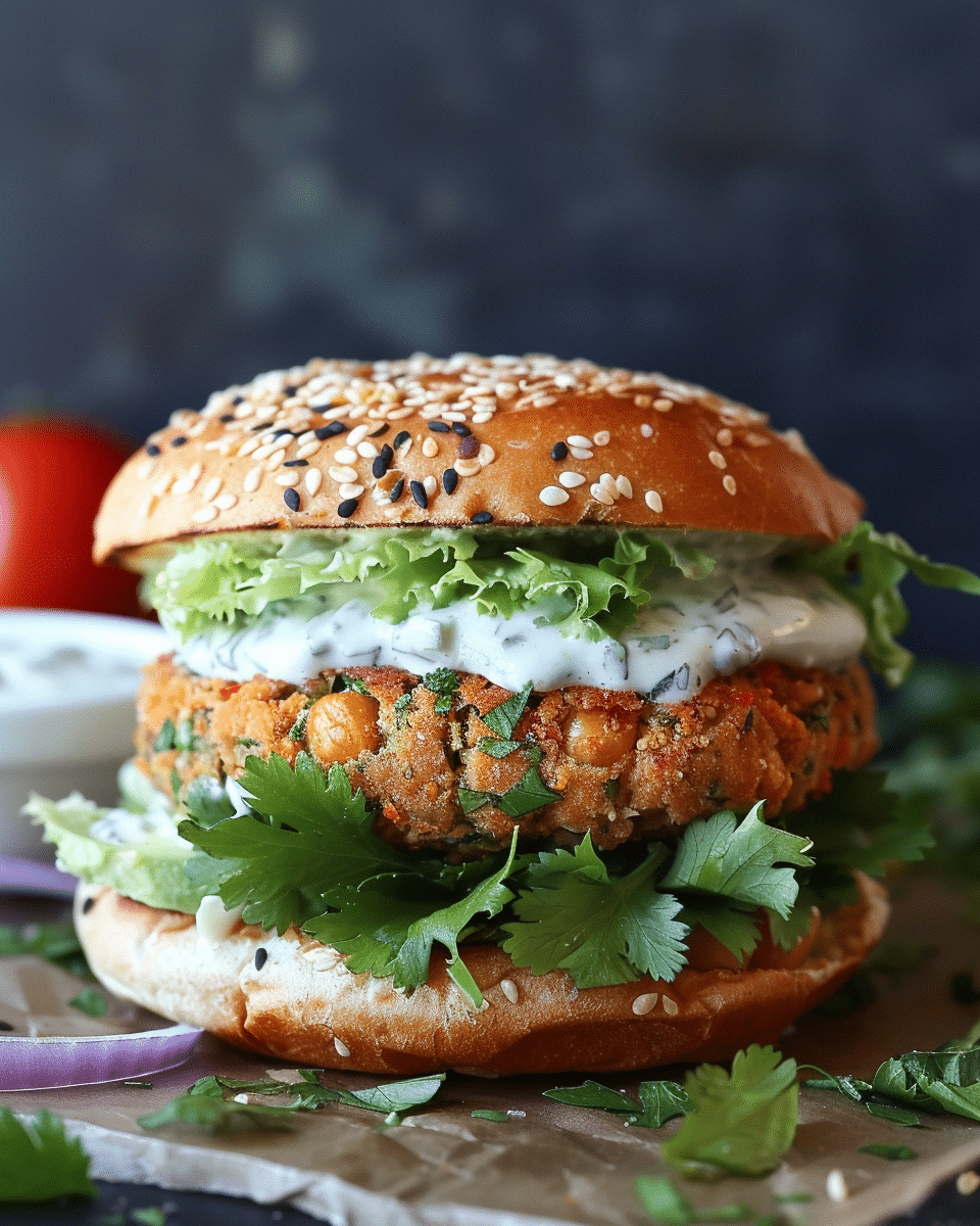 Moroccan Chickpea Burgers with Cilantro Tahini Sauce