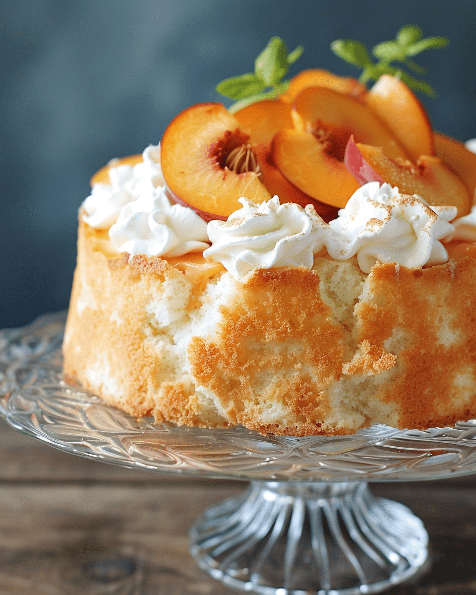 Angel Food Cake Recipe With Fresh Peach Topping and Whipped Cream