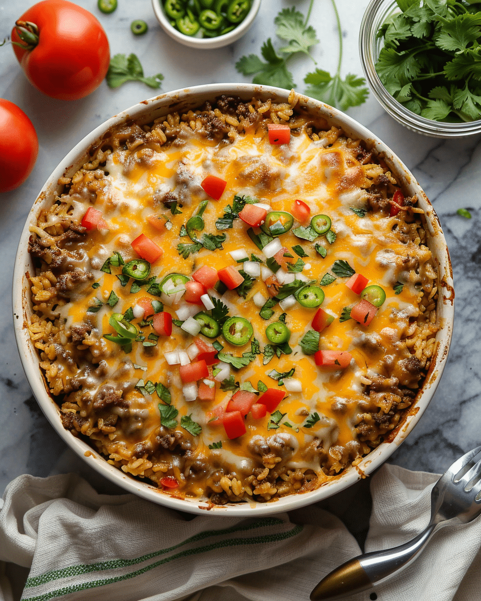 Beef Queso Taco Rice Casserole