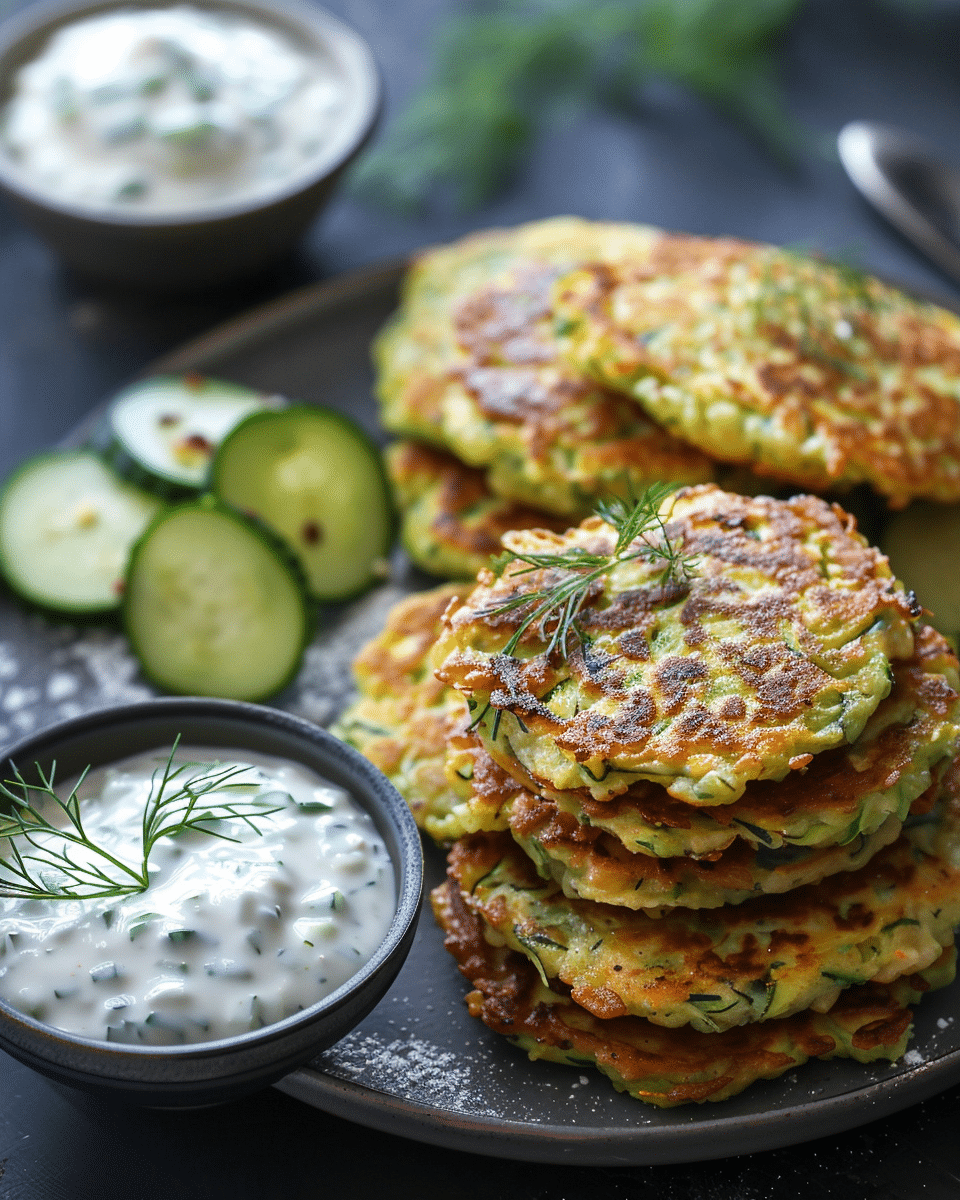 Zucchini Fritters Recipe (Ejjet Kousa) With Yogurt Cucumber Sauce (Laban Bi Khyar)