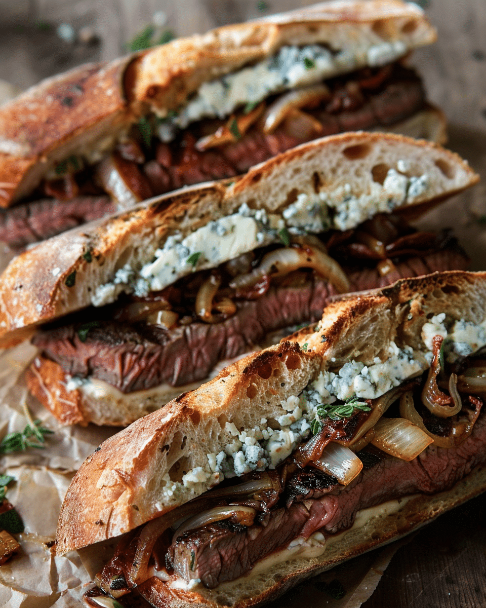 Steak Sandwiches with Blue Cheese, Caramelized Onions, and Sundried Tomatoes