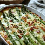 Cheesy Baked Asparagus with Gruyere Cheese, Garlic, and Smoked Turkey