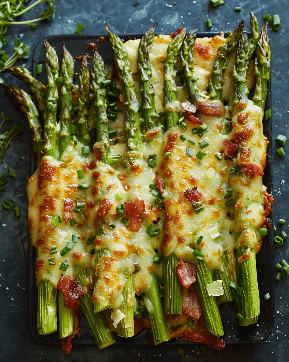 Cheesy Baked Asparagus with Gruyere Cheese, Garlic, and Smoked Turkey
