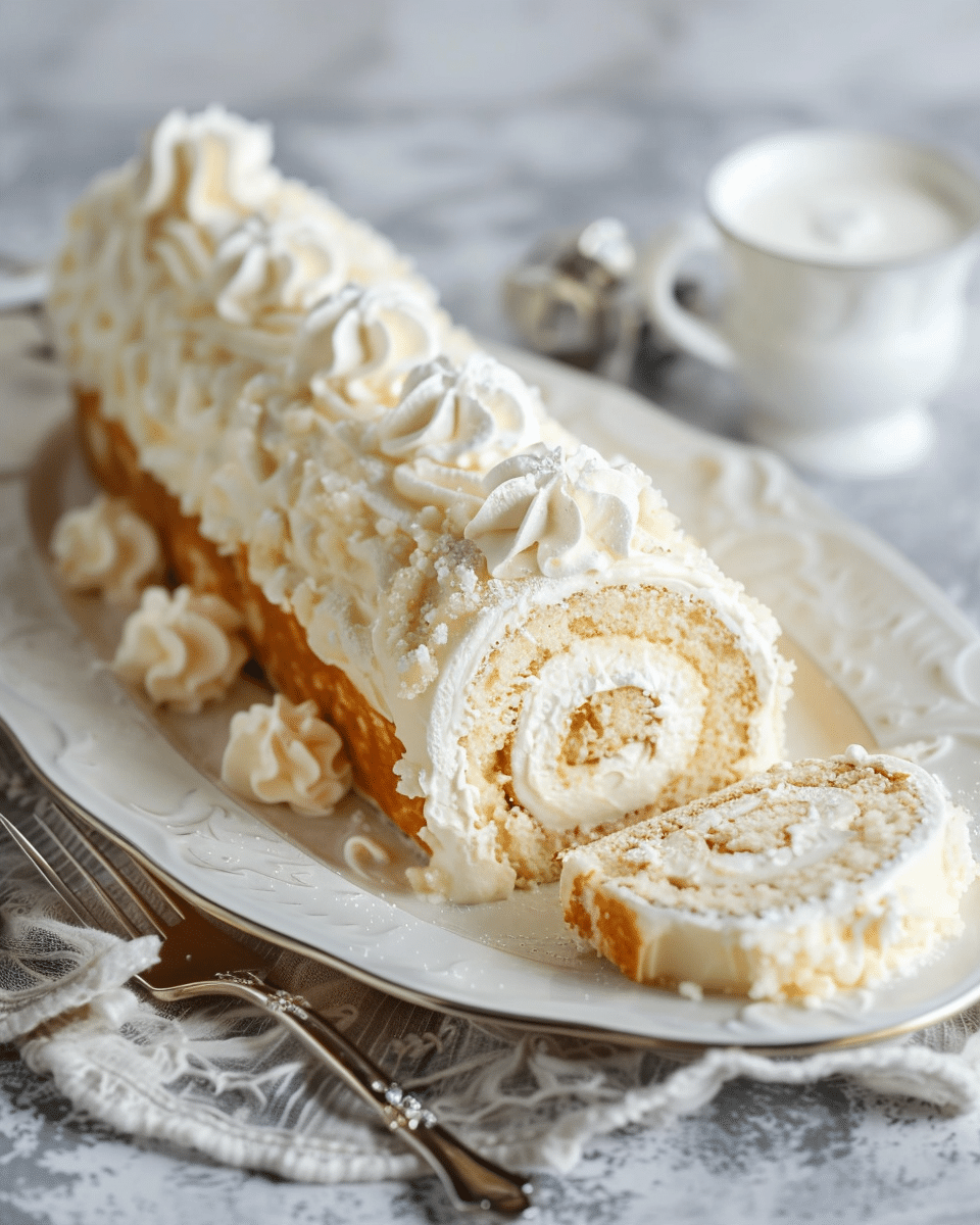 Homemade Vanilla Swiss Roll Cake with Creamy Whipped Cream Filling