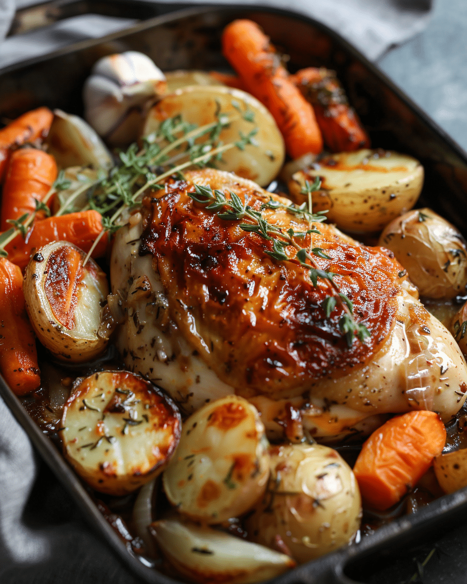 French Onion Chicken with Thyme-Roasted Potatoes & Carrots